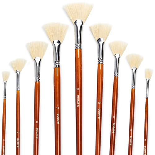 DUGATO Hog Hair Fan Paint Brush Set, 9-Piece Long Handle Brushes | Comfortable Wood Handle for Ceramic Pottery Glazing & Painting, Ideal for Acrylic & Oil, Smooth Blending & Texture Effects - size: 9pcs Fan Brushes