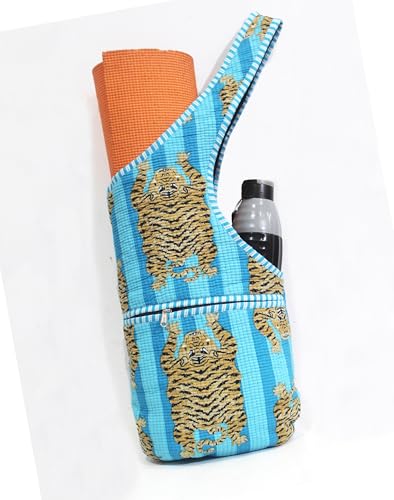 INDIAN CRAFT CASTLE Yoga Mat Bag | Tote Mat Bag | Sling Yoga Tote w/Large Side Pocket & Zipper Pocket | Yoga Mat Carrier Fits Most Size Mats - color: Aqua and Yellow