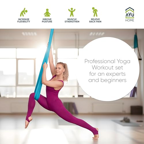 AyuHome Aerial Silks Yoga Swing Aerial Hammock Kit for Home | Premium aerial silks yoga swing kit with rigging hardware for aerial yoga, gymnastics, and home fitness - color: Aerial silk - Blue New