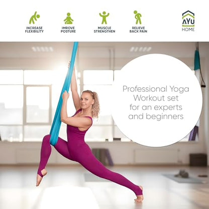 AyuHome Aerial Silks Yoga Swing Aerial Hammock Kit for Home | Premium aerial silks yoga swing kit with rigging hardware for aerial yoga, gymnastics, and home fitness - color: Aerial silk - Blue New