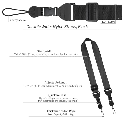 FIEIL Adjustable Shoulder Strap, Nylon Camera Strap, Comfortable Neck Strap for iPad, Cellphone Tablet, Camera, Laptop, Binocular, Luggage Bag (Black Universal Lanyard) - color: Black