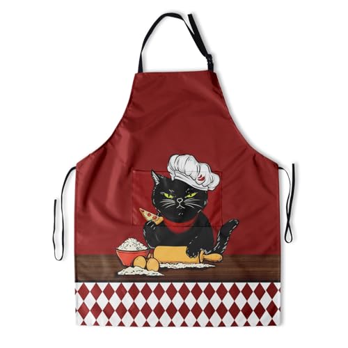 Art Apron with Pocket for Women Men | Kitchen Aprons Chef Apron for Cooking Baking BBQ Painting Gardening - color: Black Cat With Pizza