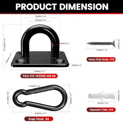 sprookber 304 Stainless Steel Pad Eye Snap Hook,M8 Ceiling Hook 1200Lb,8Pcs | Hanging Kit with Screws for Hammock Chair Swing, Yoga Gym Equipment, Sun Shade Sail, Plant Hangers & Marine Boat Hardware - size: 3.15 inch, style: Black Square