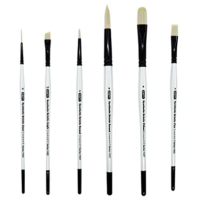 ZEM Brush White Hog Bristle Synthetic Combo Rounds, Flat, Filbert, Angle, Liner Artist Brush Set 6 pcs | Acrylic and Oil