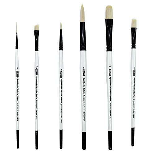 ZEM Brush White Hog Bristle Synthetic Combo Rounds, Flat, Filbert, Angle, Liner Artist Brush Set 6 pcs | Acrylic and Oil