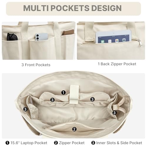 G4Free Large Canvas Tote Bag for Women with Zipper Fit 15.6" Laptop, Everything Tote Bags with Pockets for Work, Travel - color: Beige