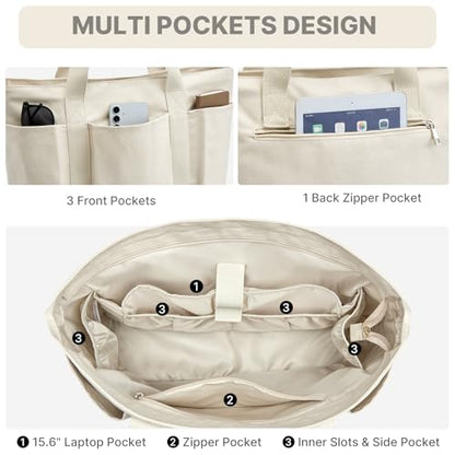 G4Free Large Canvas Tote Bag for Women with Zipper Fit 15.6" Laptop, Everything Tote Bags with Pockets for Work, Travel - color: Beige