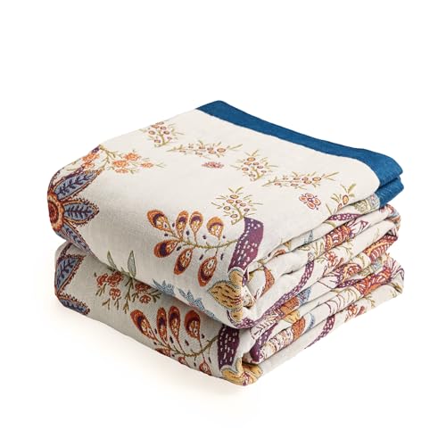 VANJOROY Boho Throw Blanket, 100% Organic Cotton Breathable Skin-Friendly Ultra Soft Bed Quilt Throw - All Season Floral Farmhouse Décor Luxury Blanket for Sofa Couch Chair and Gift. 50" x 60" - color: Boho Flower C, size: Throw (50" X 60")