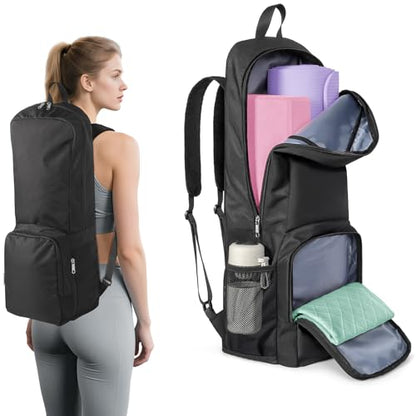 Yoga Mat Bag Carrier Backpack with Multi Pockets | Yoga Mat Holder Waterproof & Zipper Closure, Water Bottle Pocket, Large Capacity, Multipurpose Use - color: Black