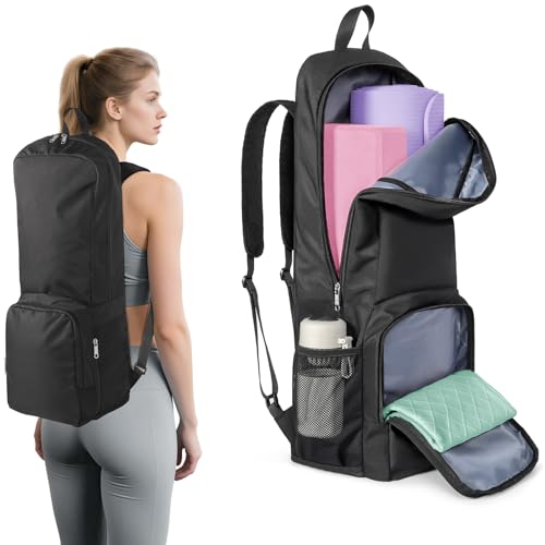 Yoga Mat Bag Carrier Backpack with Multi Pockets | Yoga Mat Holder Waterproof & Zipper Closure, Water Bottle Pocket, Large Capacity, Multipurpose Use - color: Black