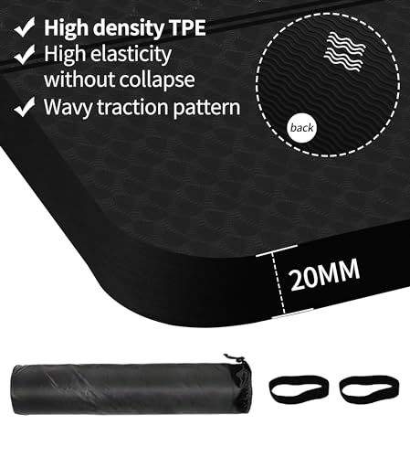 nuveti Large Exercise Mat - 15mm/20mm/30mm Thick Yoga Mat | Workout Mat for Fitness, Yoga, Pilates, Stretching & Floor Exercises for Women & Men with Free Carrying Bag - color: Black, size: 183X80X20MM