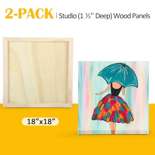 2 Pack 18x18 Gallery Unfinished Wooden Canvas Panels | Birch Wood Panels Kit, 1 1/2" Deep Art Cradle Boards for Acrylic Painting, Pouring and Burning - size: 18*18 2 Pack