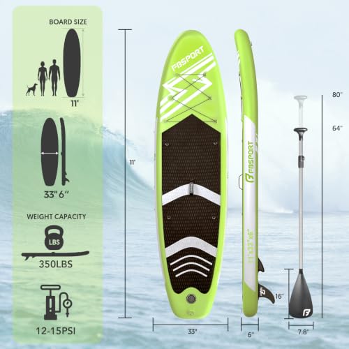 FBSPORT 11' Premium Stand Up Paddle Board, Yoga Board with SUP Accessories & Carry Bag | Wide Stance, Surf Control, Non-Slip Deck, Leash, Paddle and Pump for Youth & Adult - color: Fruit Green