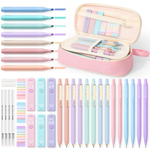 SUNEE Pencil Case with Supplies, 54PCS Aesthetic Stationery Set with 8 Pastel Highlighters, 8 Gel Pens Black Ink, 6 Mechanical Pencils, Back to School, College Essentials for Students, Pink - color: Pink, style: 54 Pack