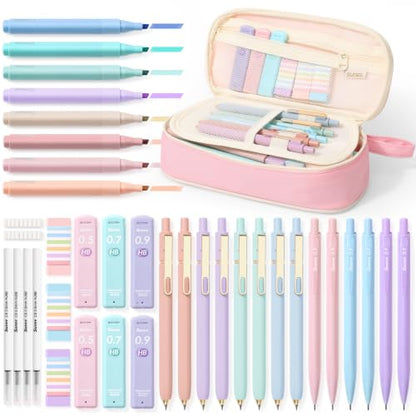 SUNEE Pencil Case with Supplies, 54PCS Aesthetic Stationery Set with 8 Pastel Highlighters, 8 Gel Pens Black Ink, 6 Mechanical Pencils, Back to School, College Essentials for Students, Pink - color: Pink, style: 54 Pack