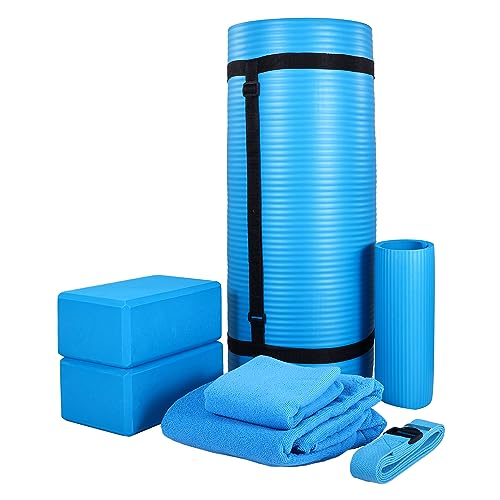 BalanceFrom 7-Piece Yoga Set with 71x24x1 Inches Extra Thick Mat and Carrying Sling – Includes 2 Blocks, Stretch Strap, 2 Towels, and Knee Pad for Home, Studio, and Gym Workouts - color: Blue