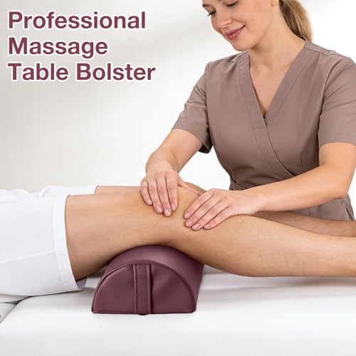 Half Moon Bolster Pillow for Leg, 21 x 6 x 3 in Knee Support Pillow Pad | PU Leather Semi Roll Massage Bolster w/Strap Handle, Water & Oil Proof D Shaped Cushion for Yoga Therapy Spa Physical Relief - color: Medium Purple- 21x6x3 in - Pu Leather