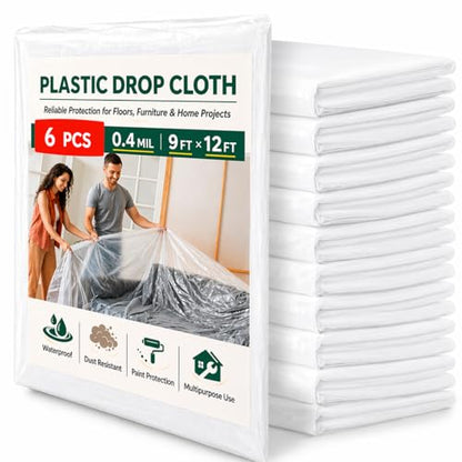 6 Pack Plastic Drop Cloths for Painting, 9 x 12 FT Clear Painters Plastic Sheeting, Disposable Drop Cloth for Floor, Furniture, Couch & Carpet Protection - color: 6 - Pack