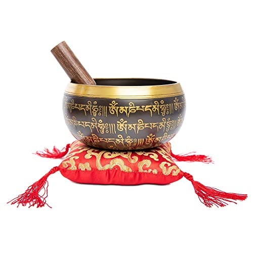 Tibetan Singing Bowl Set - 4" Easy To Play Authentic Handmade For Meditation Sound 7 Chakra Healing By Himalayan Bazaar (Black & Red) - color: Black - Red