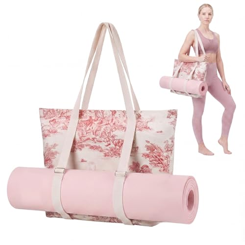 Hsei Pink Floral Yoga Mat Gym Bag Pink Toile Yoga Tote Bag for Women Vintage Boho French Country Large Canvas Tote with Zipper Closure for Pilates Fitness Travel Beach Travel Office Workout Gym Gift