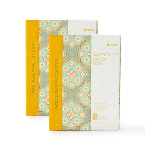 Arrtx 2-Pack Watercolor Sketchbook, 5.35x3.86 Hot Press | 100% Cotton, Acid-Free, 140LB/300GSM, Hardcover, 40 Sheets. Ideal Travel Journal for Artists & Students - size: 2 Pack