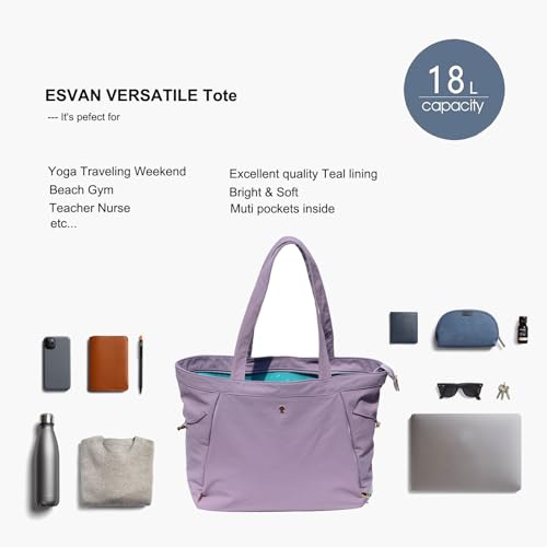 ESVAN Yoga Tote Bag for Women Shoulder Bags Drawstring for Office Workout Travel Carryall Pilates Gym and Beach - color: Nylon Lavender Purple