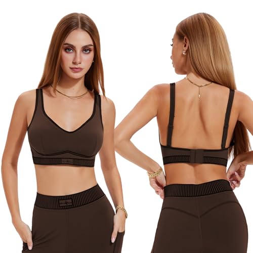 Sports Bra High Impact V Neck for Women, Adjustable Scalloped Straps Color Block U-Back Push Up Yoga Workout Gym Bra - color: Brown, size: Medium