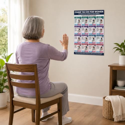 Chair Tai Chi Workout Chart for Women & Seniors, 16 Gentle Seated Exercises for Beginners, Home Exercise Guide to Improve Balance, Calm, Mobility & Flexibility, Wellness Gift for Mom & Grandma, 12 x 16 Inch Unframed
