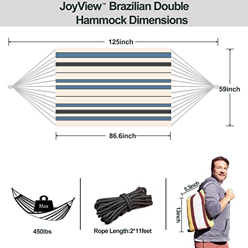 JoyView Brazilian Double Hammock with Hanging Ropes Extra Large 86.6x59” Portable Cotton Hammock for Patio Backyard Porch 450LBS Weight Capacity Perfect for Outdoor/Indoor - Blue & White Stripes - color: Blue & White Stripes