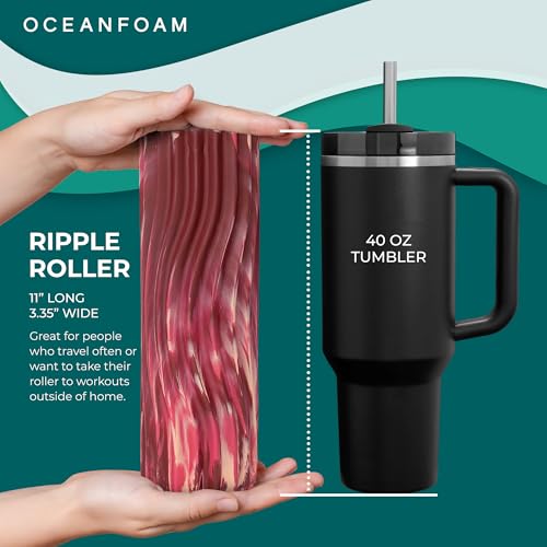 Oceanfoam Ripple Travel Foam Roller (11" x 3.35") Firm Mini Foam Roller for Physical Therapy, Deep Tissue Massage, Back Pain - High Density, Wave Textured - Yoga (Maroon, Blush & Hot Pink Marbled) - color: Maroon, Blush & Hot Pink Marbled