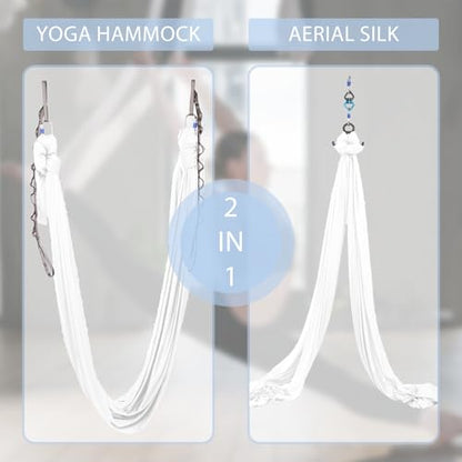 5.5 Yards Aerial Silks Yoga Swing Set - Aerial Yoga Hammock Kit Anti-Gravity Flying for Fitness, Low/Non Stretch Nylon Tricot Fabric Hardware Included for Dance - color: WHITE