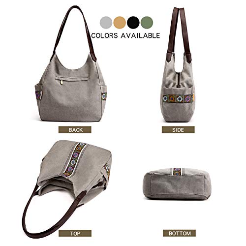 Worldlyda Women Canvas Hobo Purse Multi Pocket Tote Shopper Shoulder Bag Casual Top Handle handbag with Embroidery Ethnic - color: Brown 3