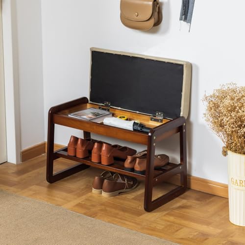 SOBIBO Solid Wood Shoe Rack Bench with Flip-Top Storage, Gray, 21.65" | Mid-Century Modern, Flip-top Hidden Storage, Faux Leather Cushion, 450lb Capacity, Ideal for Entryway, Hallway, Bedroom - color: Beige(flip‑top), size: 21.65 inches