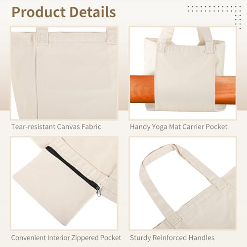 Women's Yoga Mat Bag, Canvas Tote Bag with Carrier Pocket, Shoulder Bag, Large Capacity for Yoga Gear, Office, Travel, Gym