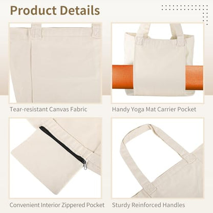 Women's Yoga Mat Bag, Canvas Tote Bag with Carrier Pocket, Shoulder Bag, Large Capacity for Yoga Gear, Office, Travel, Gym