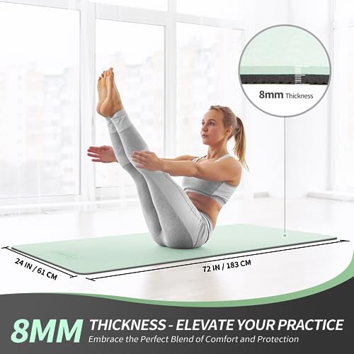 CAMBIVO Yoga Mat for Women Men Kids, 1/3 & 1/4 & 2/5 Inch Extra Thick Yoga Mat Non Slip, 72" x 24" TPE Yoga Mats, Workout Mat with Carrying Strap for Yoga, Pilates and Floor Exercises - color: Mint Green+Gray, size: 72*24*0.31 inch