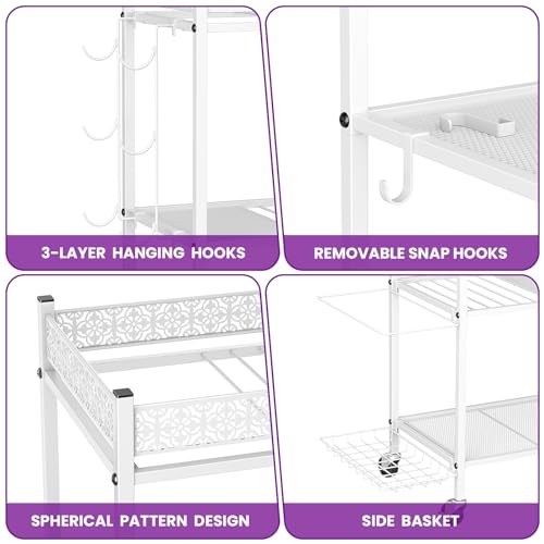 VOPEAK Home Gym Storage Rack, 3-Tier Yoga Mat Storage with Wheels & Hooks | 200 lbs steel rack with lockable casters & side hooks. 3-tier fits yoga mats & dumbbells — 10-min assembly - color: WHITE