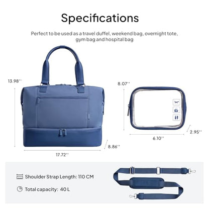 Travel Duffle Bag for Women, 40L Weekender Bags Airline Approved Carry On with Shoe Compartment & Waterproof Wet Pocket, Durable Nylon Weekender Overnight Bag for Travel, Gym, Business Trip, Blue - color: Blue