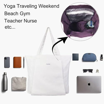 Yoga Mat Bag for Women, Pure Cotton Canvas Yoga Tote with Wet/Dry Pocket, Bottle Holder & Inner Zipper Pocket, Yoga Mat Carrier Bag for Pilates, Gym, Travel, Beach - color: White