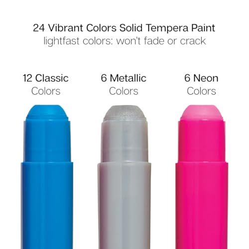 KINGART Tempera Paint Sticks – 24 Metallic & Neon Colors – Quick-Drying, Washable, Solid Paint Crayons – Mess-Free Multi-Surface Medium for Paper, Wood, Canvas, & Glass