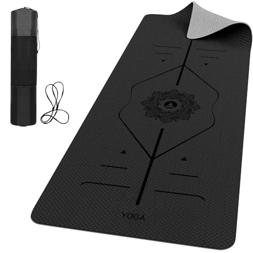 ROMIX Pro Yoga Mat With Alignment Lines, 6Mm Thick Non-Slip Exercise Mat | 72 x 24 In TPE Large Pilates Mat For Home Workout, Stretching, Training, Meditation, Carry Bag Included For Women And Men - color: Black