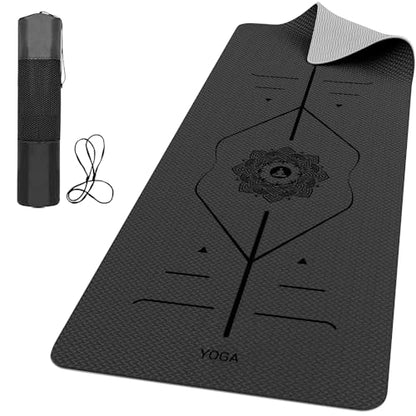 ROMIX Pro Yoga Mat With Alignment Lines, 6Mm Thick Non-Slip Exercise Mat - color: Black
