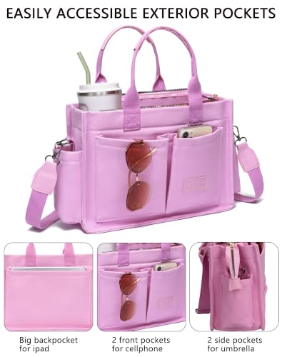 ZHMO Canvas Tote Bag for Women,Women's Bags Crossbody Bags Work Laptop Tote Bag Large Handbags Purse for Travel Nurse Teacher - color: New Upgrade Plus Pink With Compartments and Inner Cup Holders