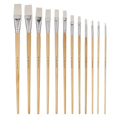 Jerry Q Art 12 PC White Synthetic Hair Flat Brush Set with Long Wood Handles for Watercolor and Acrylic JQ66051