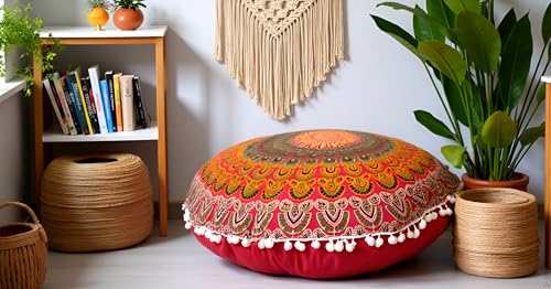 CRAFT KALA 22" Round Mandala Boho Pillow Cover Meditation Room Seating Poufs Cover for Living Room Yoga Room Home Bedroom Balcony Garden Party Decoration Cotton Floor Cushion Cover (Red Yellow) - color: Red Yellow