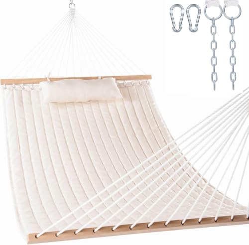 Lazy Daze 12FT Double Quilted Hammock with Spreader Bar for Outside Natural | 2 Person Heavy Duty Hammock with Detachable Pillow and Carabiners for Outdoor Backyard Poolside, 450lbs Weight Capacity - color: Natural
