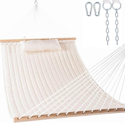 Lazy Daze 12FT Double Quilted Hammock with Spreader Bar for Outside Natural | 2 Person Heavy Duty Hammock with Detachable Pillow and Carabiners for Outdoor Backyard Poolside, 450lbs Weight Capacity - color: Natural