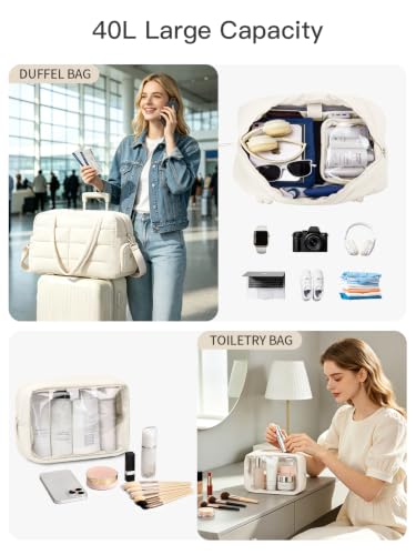 Gitus Travel Duffle Bag for Women Puffer Weekender Bags Carry on Gym Bag - color: Ivory