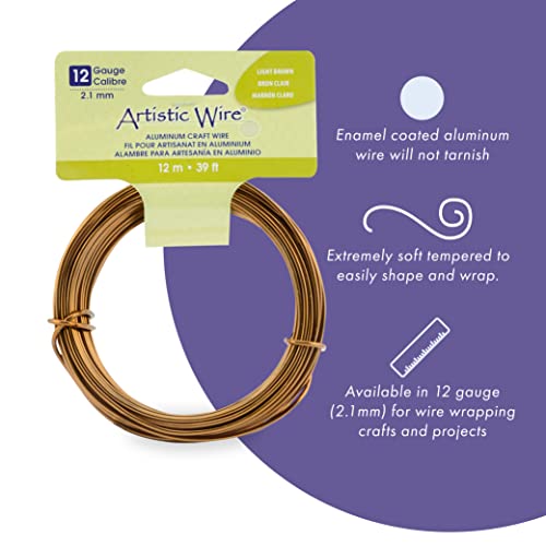 Artistic Wire Aluminum Craft Wire, 12 Gauge - Bendable, Floral, Armature, Sculpture, Jewelry Making, Round, Light Brown, 39.3 ft - color: Light Brown