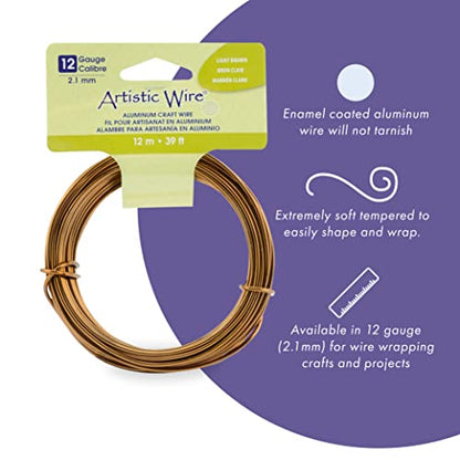 Artistic Wire Aluminum Craft Wire, 12 Gauge - Bendable, Floral, Armature, Sculpture, Jewelry Making, Round, Light Brown, 39.3 ft - color: Light Brown